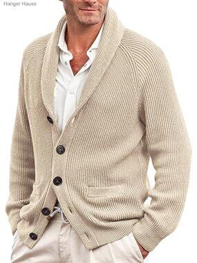Mens Shawl Collar Cable Knit Chunky Cardigan Sweater Loose Fit